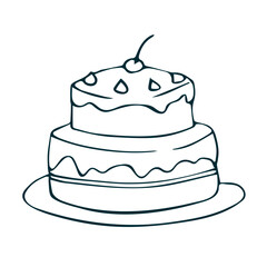 Hand drawn outline illustration of layered cake with cherry and cream decoration