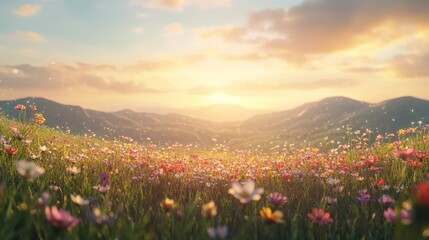 Fototapeta premium A breathtaking view of a vibrant meadow filled with colorful wildflowers, illuminated by the warm glow of a golden sunrise, enhancing the serene landscape.