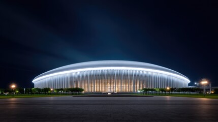 Obraz premium Modern architectural design of a stadium illuminated at night with bright lights and surrounding greenery in an urban setting