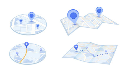 3D Map Navigation and Location Pin. Paper map navigation with location pins. Collection includes both circular and folded map design. Vector illustration isolated on a white background.
