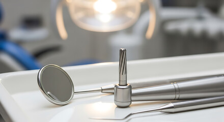 Close-up of dental instruments on a tray in a dentists office, ready for a patient examination.