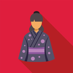 Illustration of a young japanese woman wearing a traditional kimono with a long shadow on a red background