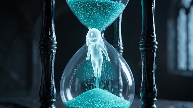 Glowing ethereal figure descends through turquoise sand in hourglass, symbolizing the passage of time and the fleeting nature of existence, creating a mystical atmosphere.