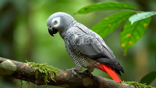 Beautiful African Grey Parrot Perched on a Branch in Nature.