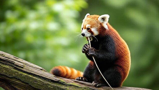 Adorable Red Panda Sits on a Tree Branch Eating a Twig.