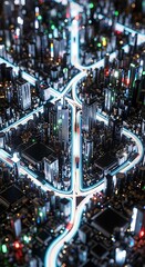 Obraz premium Futuristic cityscape illuminated with vibrant neon pathways conveying progress and innovation