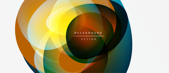 Fototapeta premium Abstract circles overlap, creating vibrant color gradients. Design features warm yellows, oranges, greens, blues. Modern, dynamic composition.