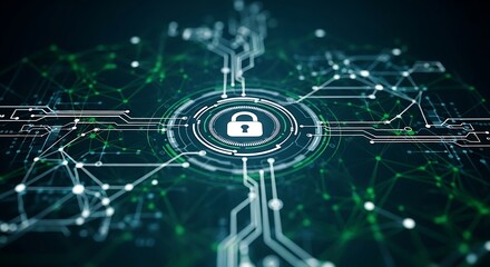 Cybersecurity: A digital lock shines brightly amidst a complex network of circuits and data pathways, symbolizing the protection and security of vital information.