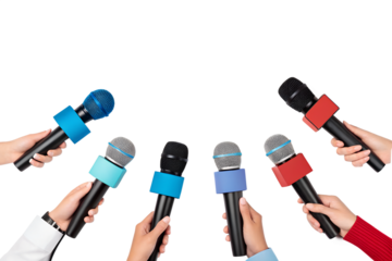 Multiple hands holding microphones isolated on transparent background