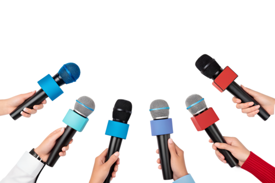 Multiple hands holding microphones isolated on transparent background