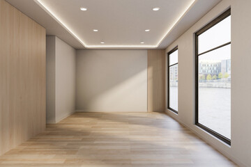 Empty bright mockup room with glass window and ceiling lamp with white wall and wooden parquet floor