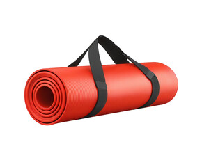 A bright red yoga mat with black straps, rolled up and ready for transport, isolated on a transparent background