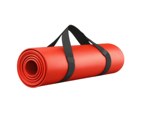 A bright red yoga mat with black straps, rolled up and ready for transport, isolated on a transparent background