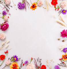 Flat lay autumn floral frame with asters, zinnias, heather, wheat and berries on neutral marble background, seasonal composition for greeting card, thanksgiving, wedding, birthday, copy space
