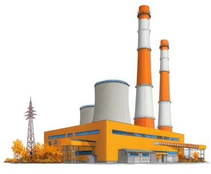 Modern industrial power plant with tall smokestacks and cooling towers, isolated on transparent background, representing energy production and industrial infrastructure