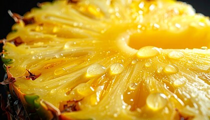 A high-resolution macro shot of a fresh, juicy pineapple slice, revealing its intricate fibrous yellow texture and core