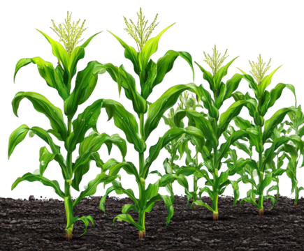 Young corn plants growing in fertile soil, showcasing vibrant green leaves and developing tassels, representing agriculture and growth isolated on transparent background