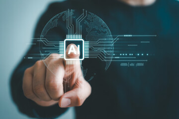 Artificial intelligence ai technology concept hand touching digital screen interface globe network