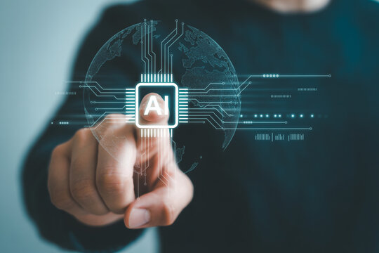 Artificial intelligence ai technology concept hand touching digital screen interface globe network