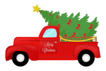 A red vintage truck carrying a Christmas tree adorned with red bows and a star, with "Merry Christmas" text on the side.