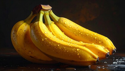 A bunch of ripe yellow bananas glistening with fresh water drops under professional studio lighting on a dark, moody surface