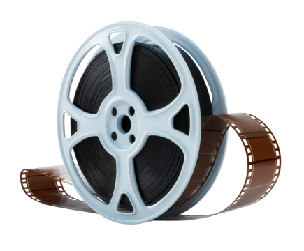 A vintage film reel with brown celluloid film unwinding, isolated on a transparent background, representing cinema and movie production