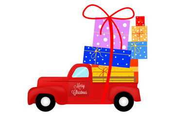 A red vintage truck loaded with colorful gift boxes tied with a large red bow, featuring "Merry Christmas" text on the side.