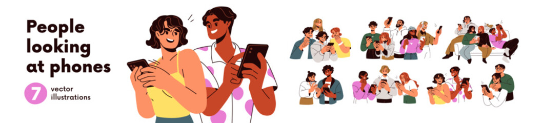 Naklejka na ściany i meble People groups watching video, scrolling social media, reading news together set. Couples, friends looking at screens with mobile phones in hands. Flat vector illustrations isolated on white background