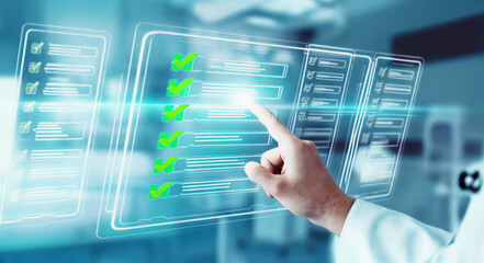 Healthcare Innovation Doctor Interacting with a Futuristic Digital Checklist for Efficient Medical Task Management and Health Data Validation in a Modern Setting