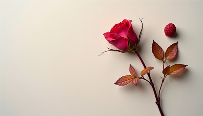 Dried red rose with raspberry on textured neutral background for Valentine's Day in minimalism style