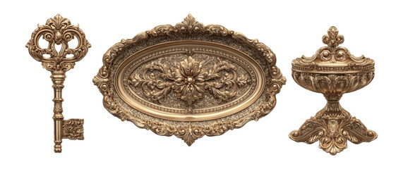 Ornate Decorative Elements with Key, Bowl, and Plate in Gold Finish