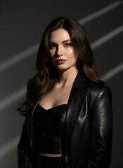 Fototapeta premium Stunning Brunette Woman with Luxurious Wavy Hair, Stunning brunette girl.brunette woman radiating confidence. Stunning beauty with gracefully styled hair expressive face. generative ai 