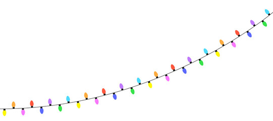 Simple string of colorful lights hanging against transparent background. Festive colorful Christmas lights string decoration. 
