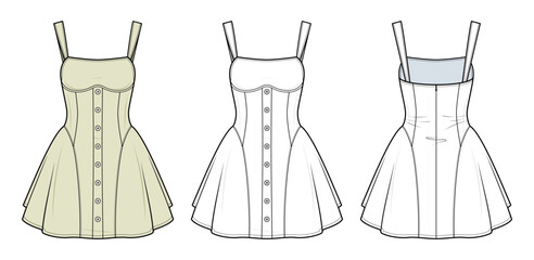 Bustier Mini Dress Technical Fashion Illustration. Sleeveless Button-Front Dress Vector Template. Fitted Bodice, Flared Skirt, Back Zipper. Front and Back View. CAD Mockup Fashion Flat Set.