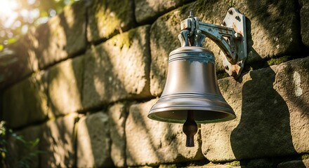 Obraz premium Old-fashioned metal bell on a rough stone brick wall in a peaceful garden environment with nature light