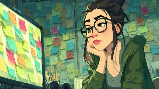 Young woman contemplating beside computer screen with sticky notes