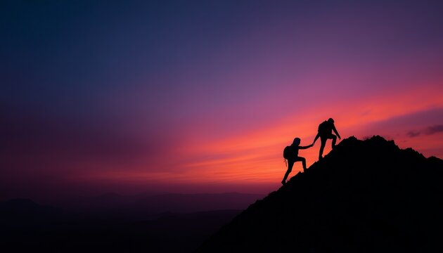 Two silhouetted hikers assist each other in climbing a mountain during a stunning, vibrant purple and orange sunset.