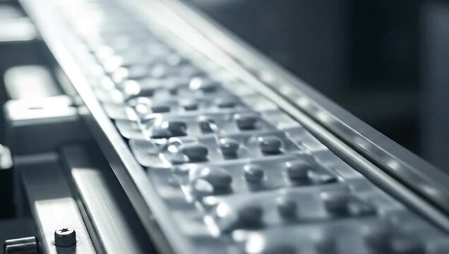 Close-up of blister packs filled with pills on a conveyor belt in a pharmaceutical factory