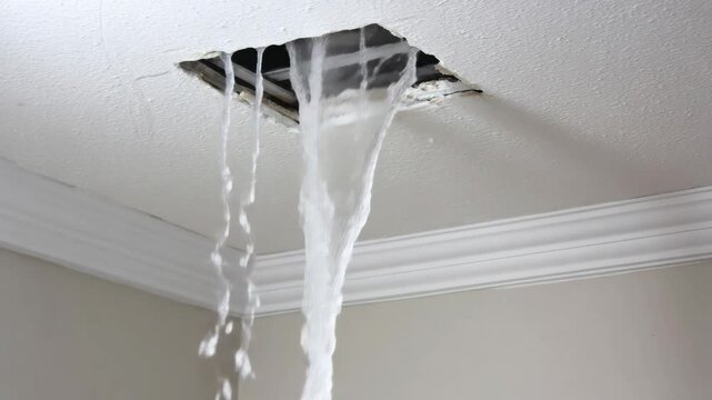 Water cascades from a damaged ceiling, indicating a severe leak or burst pipe within a home.