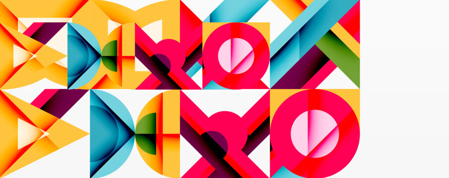 Abstract geometric design featuring repeated XOXO text. Bright colors, triangles, squares create dynamic visual pattern. Modern, bold aesthetic.