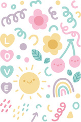 Cheerful Doodle Collage &ndash; Smiling Sun, Rainbow, Cherries, Hearts, and Flowers in Pastel Colors for Kids&rsquo; Art, Greeting Cards, and Positive Decorative Design
