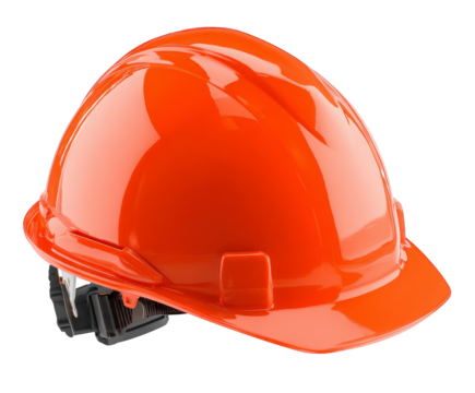 A shiny orange construction hard hat, isolated on transparent background, representing safety and protection in the workplace, essential gear for builders and workers