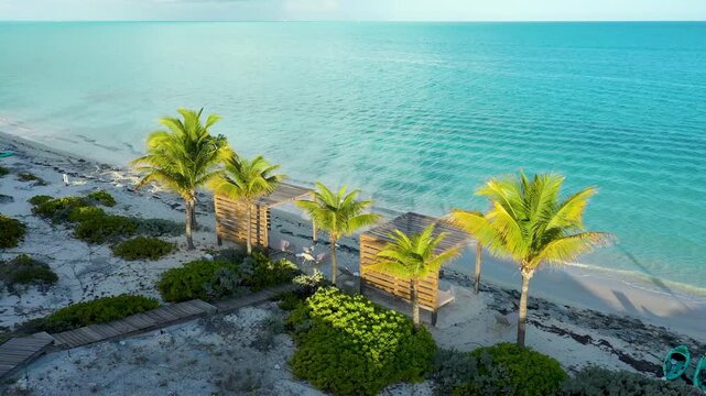 Aerial view of a luxury bech resort with palm trees t sunrise.