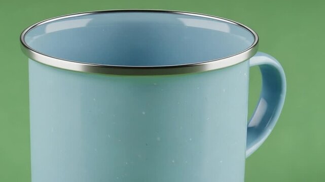Close up of a light blue enamel mug with silver rim on green background.