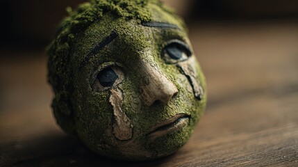 Obraz premium surreal macro portrait of a zombie toy head with childlike sadness: perfect for eerie halloween decor or unique sports interior poster