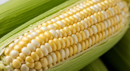 Main Subject: A fresh ear of bi-color sweet corn, partially husked.

Unique Features: The kernels are a mixture of bright yellow and white, presenting a vibrant, textured pattern. The surrounding gree