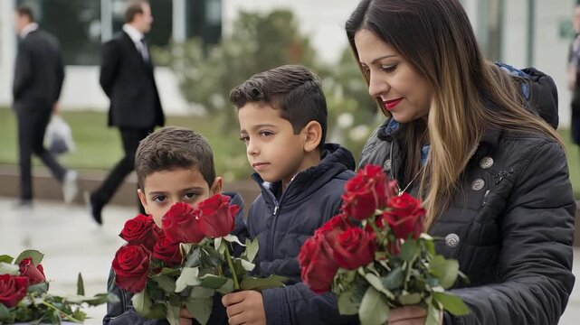 Participants share a touching moment as they present roses in memory of those who have passed away during a special event