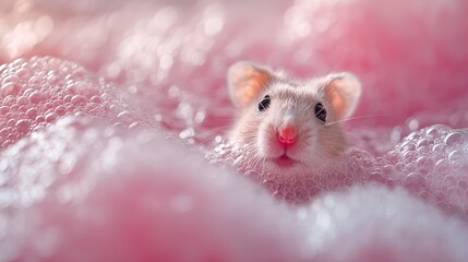 dreamy surreal bubble bath: close-up of a hamster's pink nose amidst cozy bubbles – perfect poster for quirky home decor or playful studio spaces!