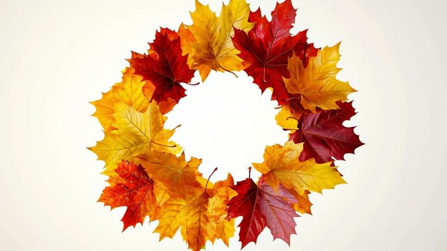 Autumn wreath made of colorful maple leaves in red orange and yellow tones on white background symbol fall