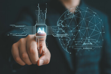 Artificial intelligence ai technology concept hand touching ai chip with global network connection